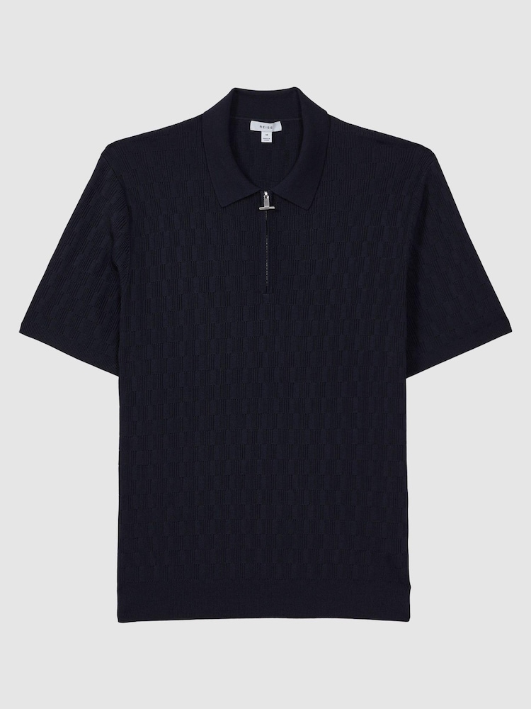 Reiss Navy Ubud Half-Zip Textured Polo T-Shirt - Image 2 of 5