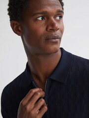 Reiss Navy Ubud Half-Zip Textured Polo T-Shirt - Image 3 of 5
