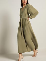 Green Button Down Long Sleeve Midi Dress - Image 1 of 5