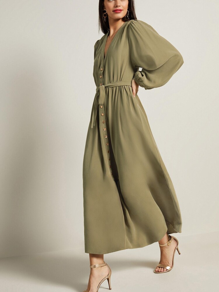 Green Button Down Long Sleeve Midi Dress - Image 1 of 5