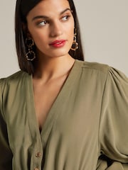 Green Button Down Long Sleeve Midi Dress - Image 3 of 5
