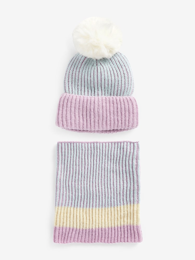 Lilac Purple/Mint Green Colourblock Hat & Scarf Set 1-16yrs (1-13yrs) - Image 1 of 2