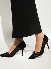 Dune London Black Axis Suede Mesh Panelled Court Shoes - Image 3 of 5