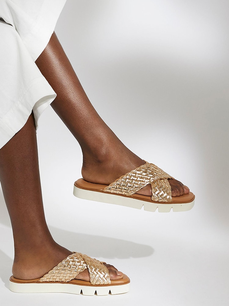 Dune London Gold Lexey Woven Cross Strap Sandals - Image 1 of 5