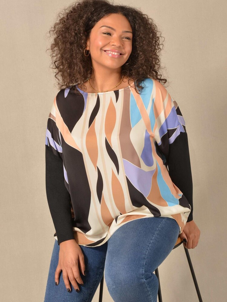 Live Unlimited Curve Multi Scarf Print Satin/Jersey Contrast Black Top - Image 1 of 1 Live Unlimited Curve Multi Scarf Print Satin/Jersey Contrast Black Top - Image 1 of 1