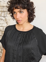 Black Plissé Woven Mix Short Sleeve Top - Image 1 of 6