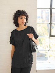 Black Plissé Woven Mix Short Sleeve Top - Image 4 of 6