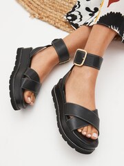 Black Forever Comfort® Leather Chunky Buckle Flatform Sandals - Image 1 of 7
