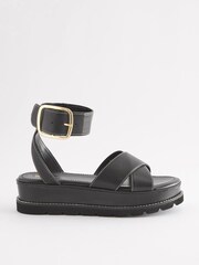 Black Forever Comfort® Leather Chunky Buckle Flatform Sandals - Image 3 of 7