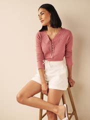Blush Pink Long Sleeve V-Neck Lace Detail Top - Image 1 of 4