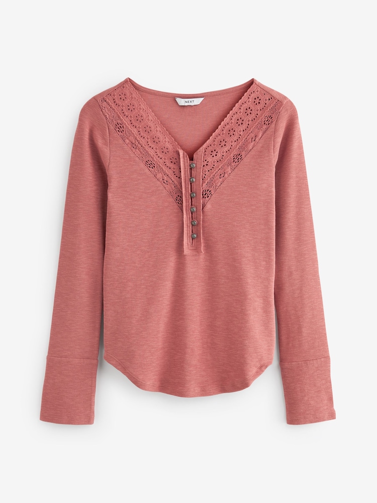 Blush Pink Long Sleeve V-Neck Lace Detail Top - Image 4 of 4