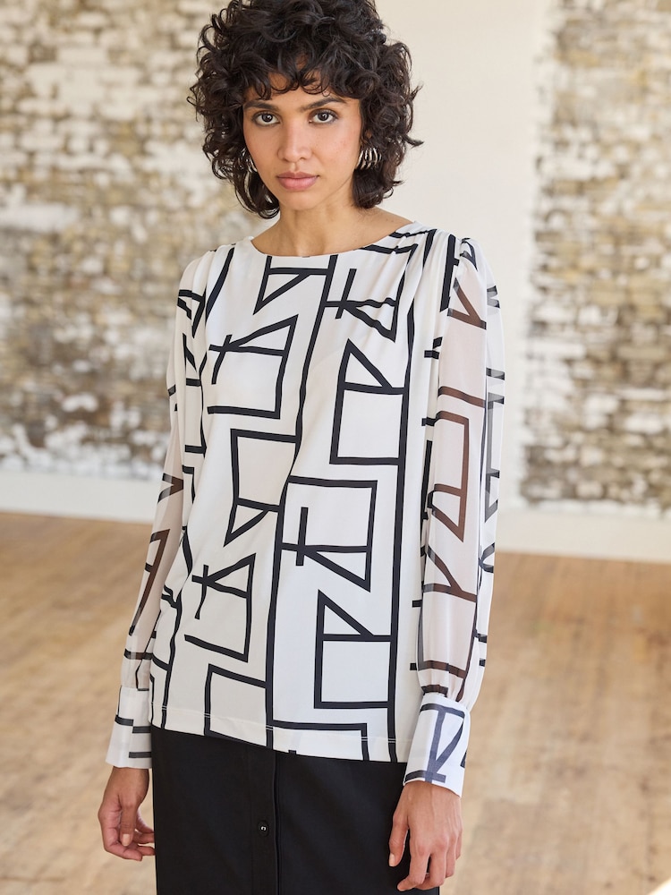 Ecru Cream Print Long Sleeve Crew Neck Cuff Blouse - Image 1 of 6 Ecru Cream Print Long Sleeve Crew Neck Cuff Blouse - Image 1 of 6