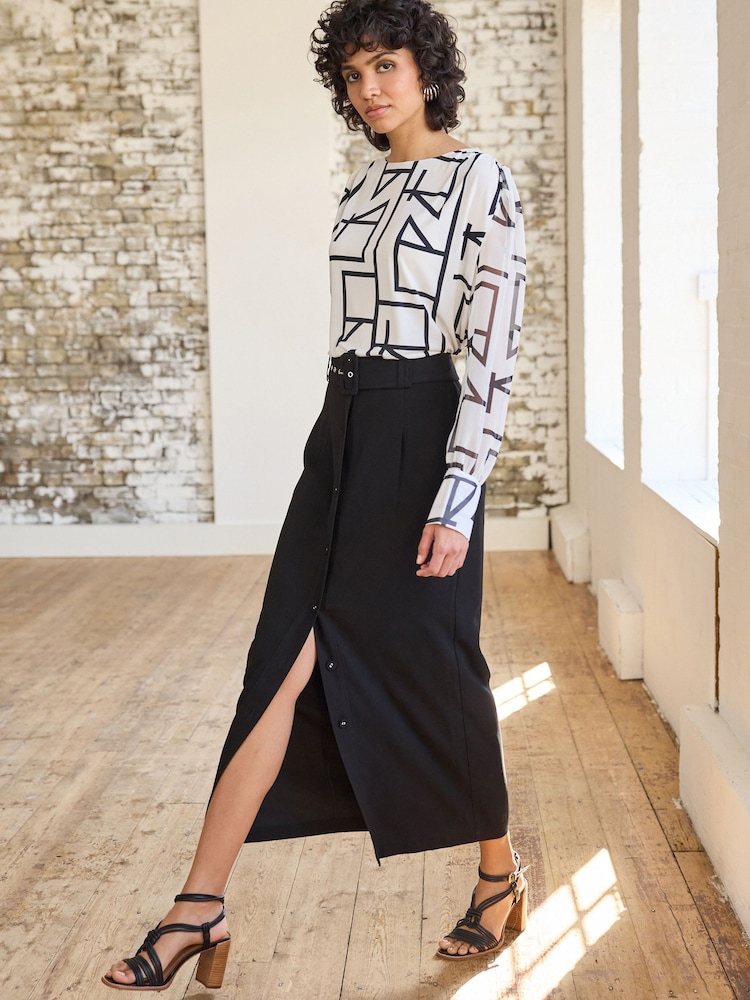 Ecru Cream Print Long Sleeve Crew Neck Cuff Blouse - Image 2 of 6 Ecru Cream Print Long Sleeve Crew Neck Cuff Blouse - Image 2 of 6