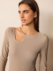 Neutral Long Sleeve Hardware Detail Cut-Out Top - Image 1 of 6