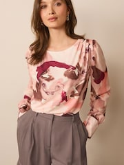 Pink Smudge Long Sleeve Crew Neck Cuff Blouse - Image 1 of 6