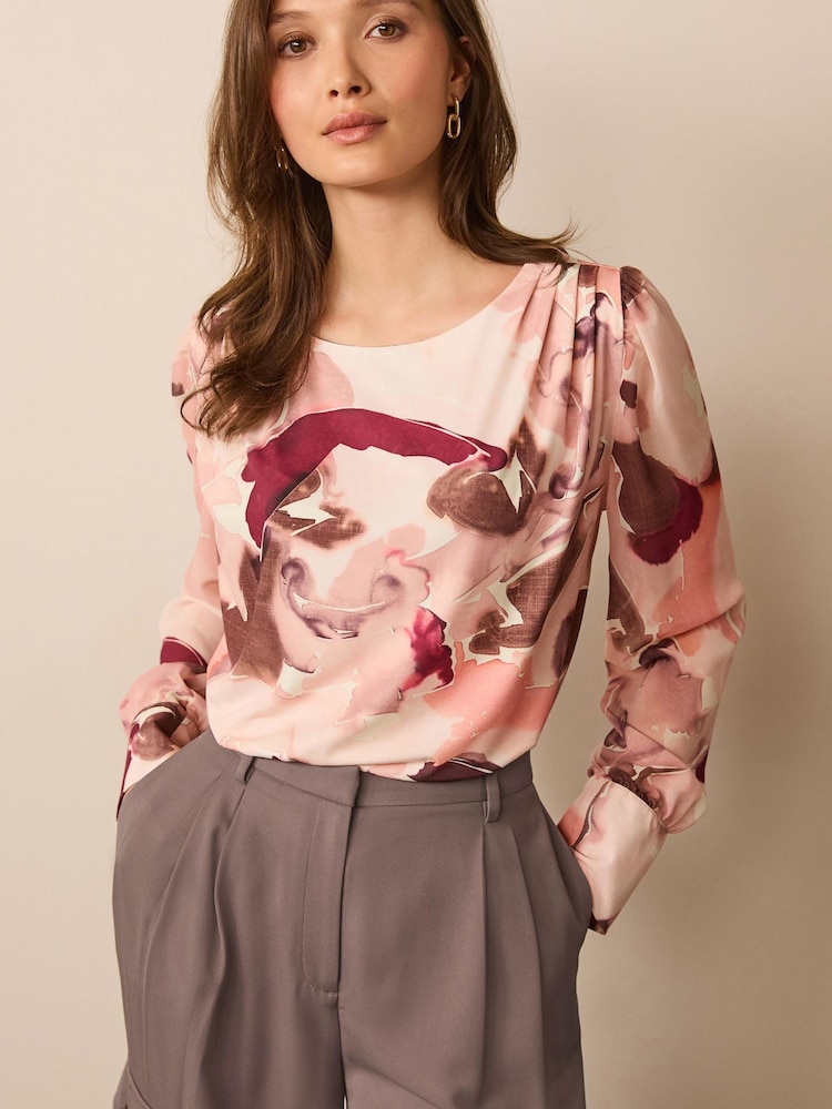 Pink Smudge Long Sleeve Crew Neck Cuff Blouse - Image 1 of 6