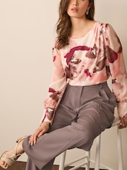 Pink Smudge Long Sleeve Crew Neck Cuff Blouse - Image 2 of 6