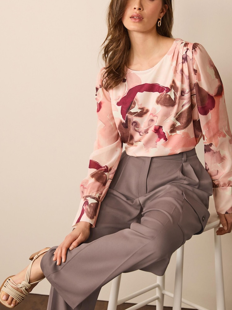 Pink Smudge Long Sleeve Crew Neck Cuff Blouse - Image 2 of 6