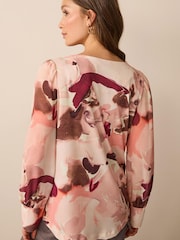 Pink Smudge Long Sleeve Crew Neck Cuff Blouse - Image 3 of 6