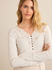 Ecru Cream Long Sleeve V-Neck Lace Detail Top - Image 1 of 4