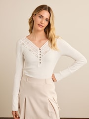 Ecru Cream Long Sleeve V-Neck Lace Detail Top - Image 3 of 4