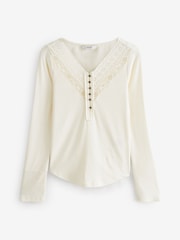 Ecru Cream Long Sleeve V-Neck Lace Detail Top - Image 4 of 4