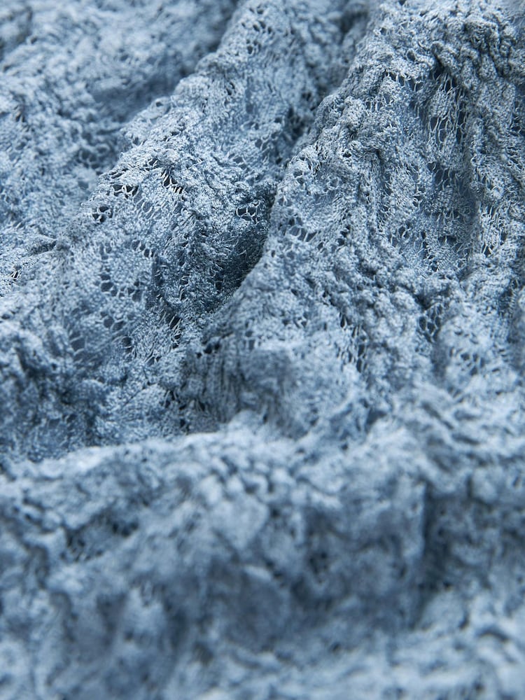 Синий - Фактурный топ с открытыми плечами и длинными рукавами - Изображение 6 из 6