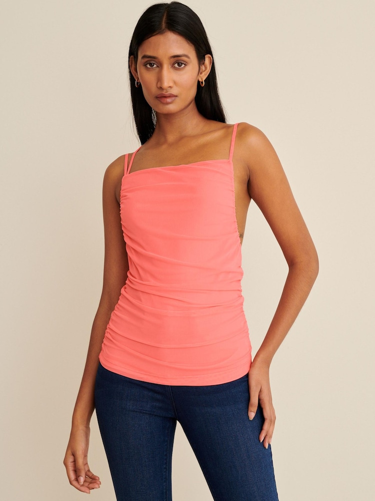 Coral Pink Mesh Draped Ruched Cami Top - Image 1 of 6