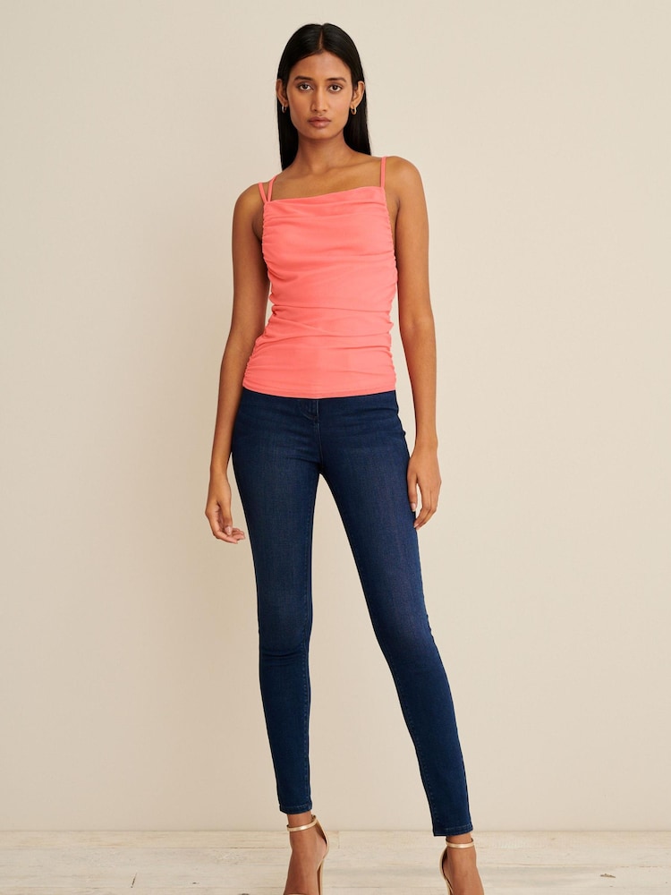 Coral Pink Mesh Draped Ruched Cami Top - Image 2 of 6