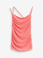 Coral Pink Mesh Draped Ruched Cami Top - Image 5 of 6