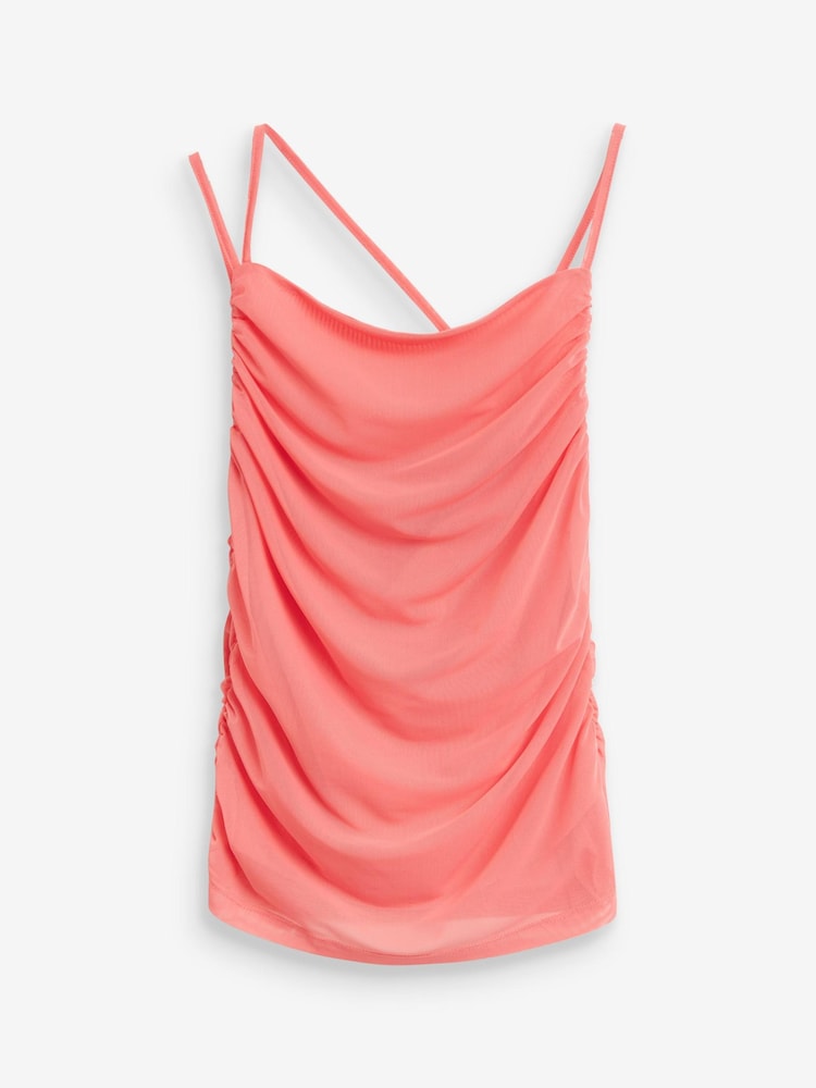 Coral Pink Mesh Draped Ruched Cami Top - Image 5 of 6