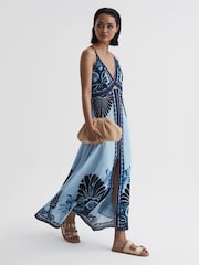 Reiss Blue Emerson Printed V-Neck Maxi Dress - Image 1 of 5