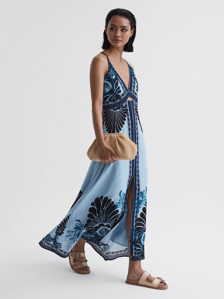 Reiss Blue Emerson Printed V-Neck Maxi Dress - Image 1 of 5