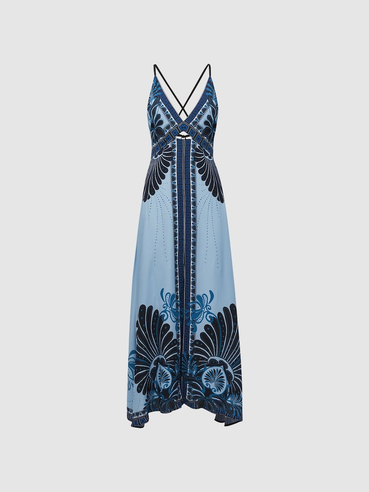 Reiss Blue Emerson Printed V-Neck Maxi Dress - Image 2 of 5