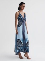 Reiss Blue Emerson Printed V-Neck Maxi Dress - Image 5 of 5
