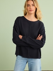 Navy Blue Seam Detail Waffle 100% Cotton Top - Image 1 of 6