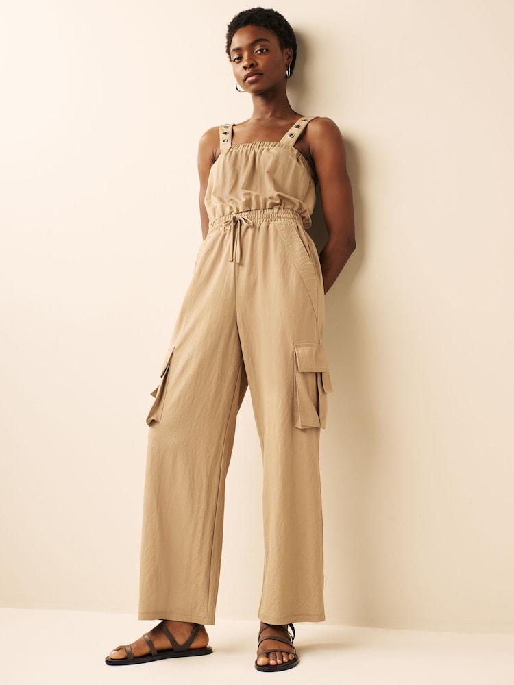 Camel Brown Cargo Sleeveless Drawstring Waist Jumpsuit - Image 1 of 8