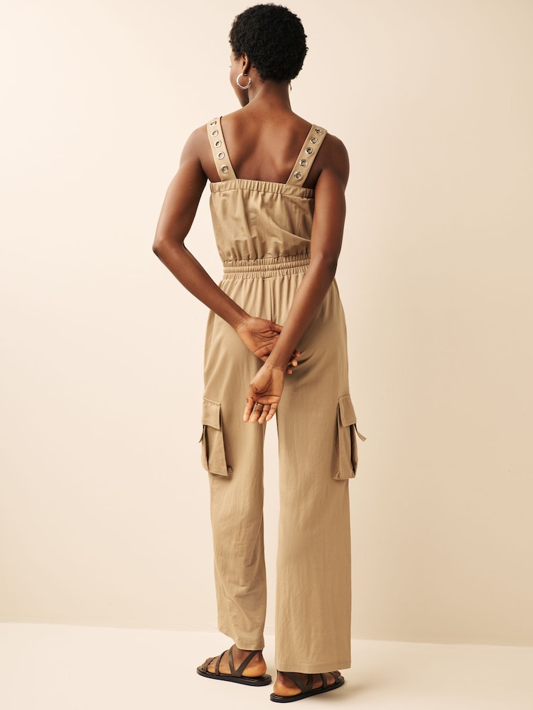 Camel Brown Cargo Sleeveless Drawstring Waist Jumpsuit - Image 2 of 8