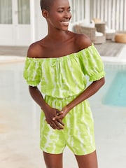 Limettengrün/Knüpfbatik - Bardot-Overall mit Puffärmeln - Bild 1 von 5