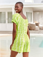 Limettengrün/Knüpfbatik - Bardot-Overall mit Puffärmeln - Bild 2 von 5