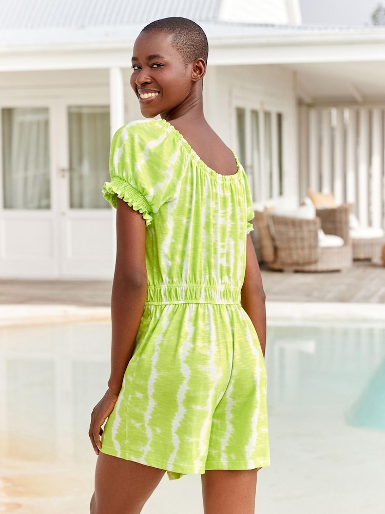 Limettengrün/Knüpfbatik - Bardot-Overall mit Puffärmeln - Bild 2 von 5
