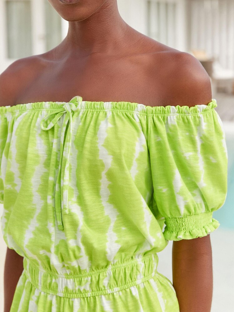 Lime Green Tie Dye Puff Sleeve Bardot Playsuit - Image 3 of 5