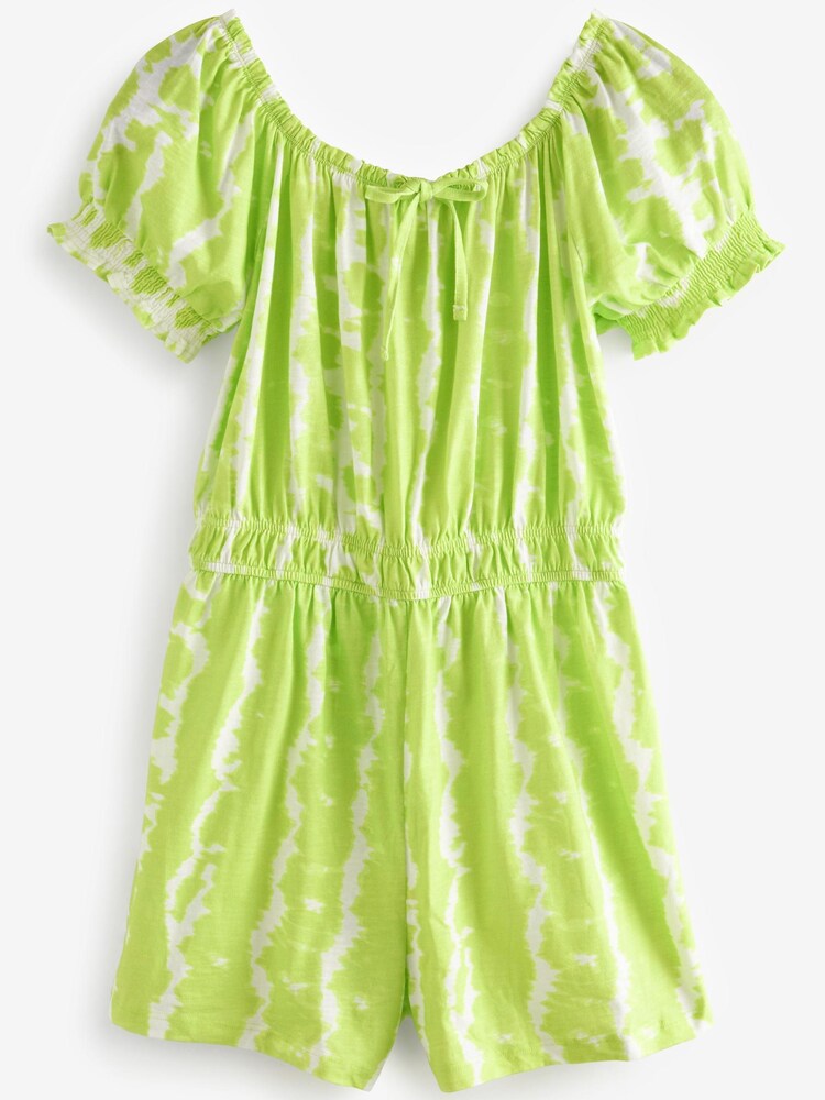 Lime Green Tie Dye Puff Sleeve Bardot Playsuit - Image 4 of 5