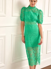 Grün - Kurzärmeliges Midikleid mit Spitzeneinsatz - Bild 1 von 6