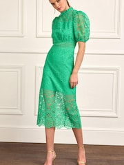 Grün - Kurzärmeliges Midikleid mit Spitzeneinsatz - Bild 2 von 6