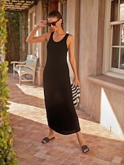 Black Double Layered Racer Vest Ribbed Midi Dress - Image 1 of 4