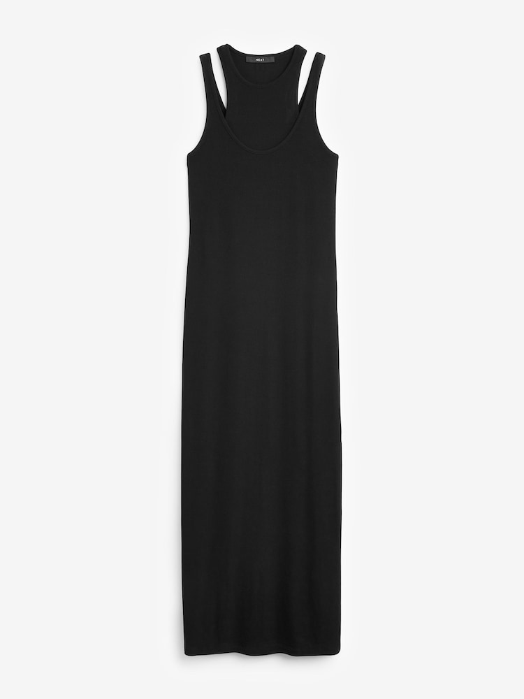 Black Double Layered Racer Vest Ribbed Midi Dress - Image 4 of 4