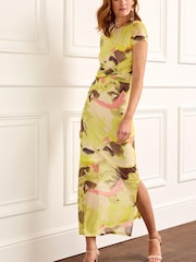 Yellow Smudge Print Short Sleeve Mesh Midi Dress - Image 1 of 6