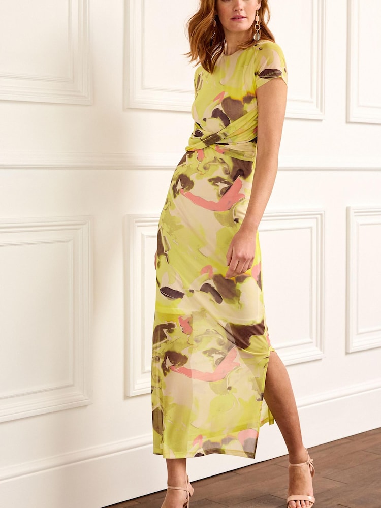 Yellow Smudge Print Short Sleeve Mesh Midi Dress - Image 1 of 6