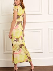 Yellow Smudge Print Short Sleeve Mesh Midi Dress - Image 3 of 6